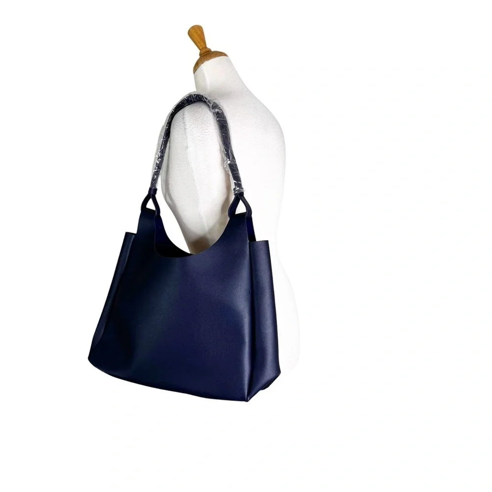 NEW Neiman Marcus Vegan Faux Leather Large Tote Bag Blue